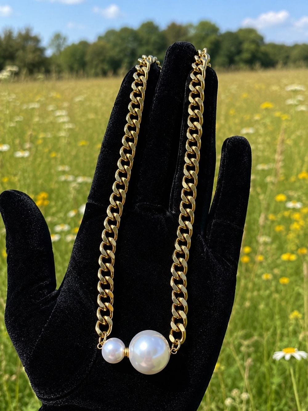 Gold Chain Necklace with Double Pearl Pendant - Women Jewelry